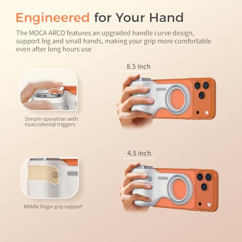 Phone Camera Grip MOCA ARCO for Video Recording with Thumb Rest Area Design for iPhone Pro Max, with Enhanced Phone Mount & Detachable Remote for