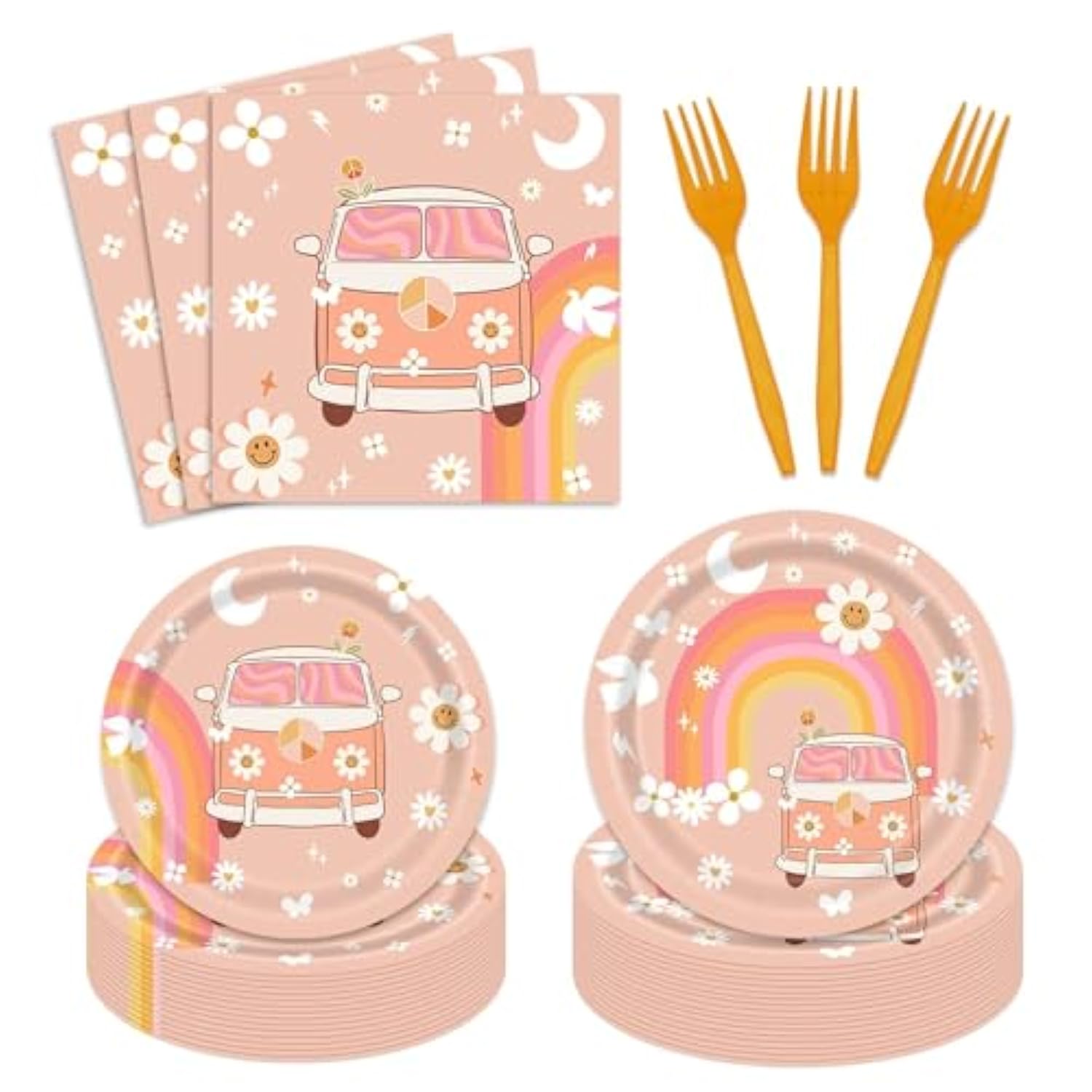 Groovy Party Tableware Set: Retro Daisy Plates, Napkins, Forks - 24 Guests