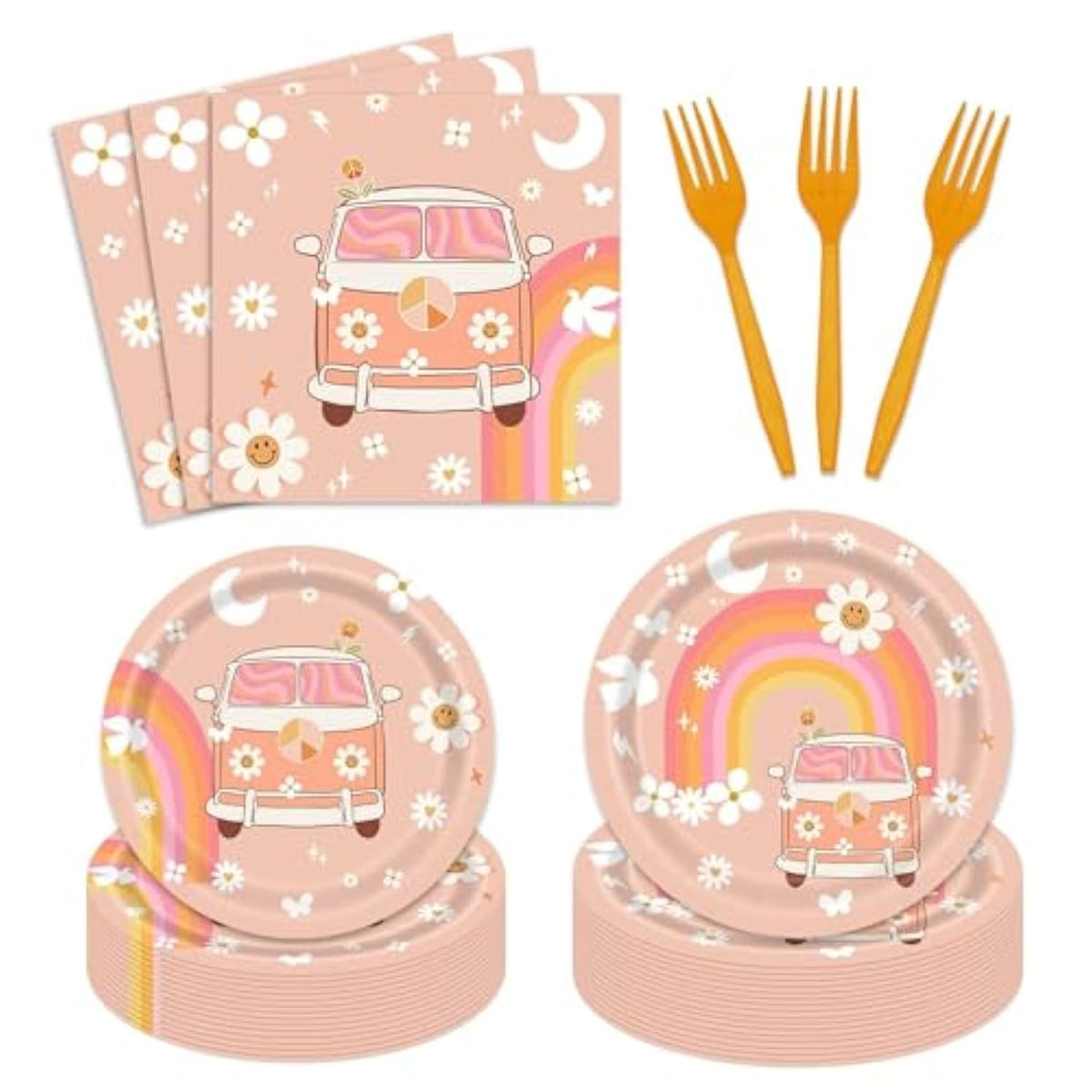 Groovy Party Tableware Set: Retro Daisy Plates, Napkins, Forks - 24 Guests