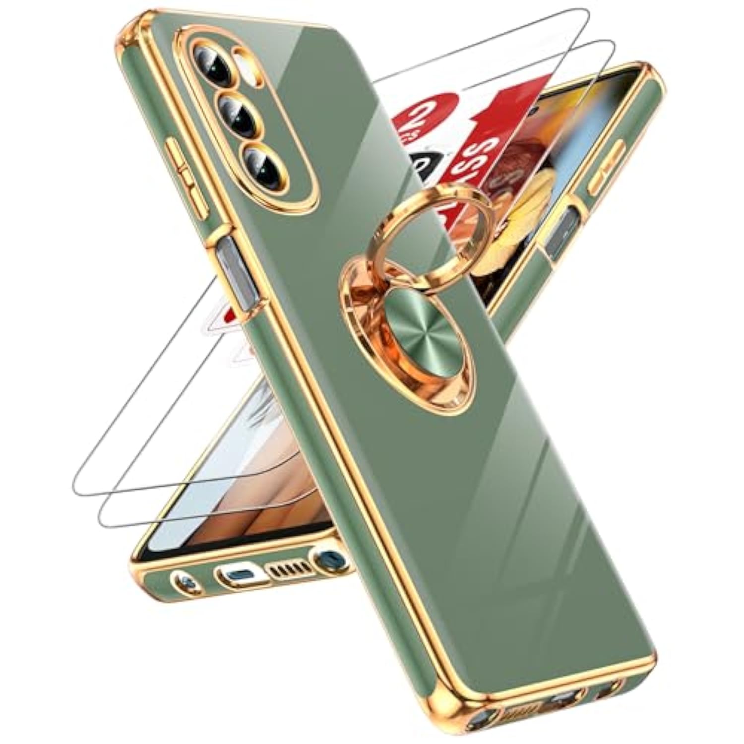 For Moto G Stylus 5G 2022 Case: With Tempered Glass Screen Protector [2 Pack] 360° Rotatable Ring Holder Magnetic Kickstand, Plating Rose Gold Edge For Moto G Stylus 5G 2022 Case, L-Green