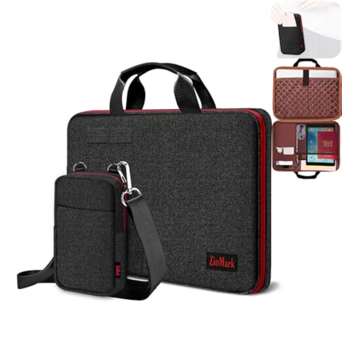 Laptop Case 15.6 Inch Briefcase Military-Grade Protection With Detachable Belt Bag, Compatible All Model Of 15-16 Inch Macbook Pro And Most Popular 15.6 Inch Notebooks Chromebooks (Black Red)