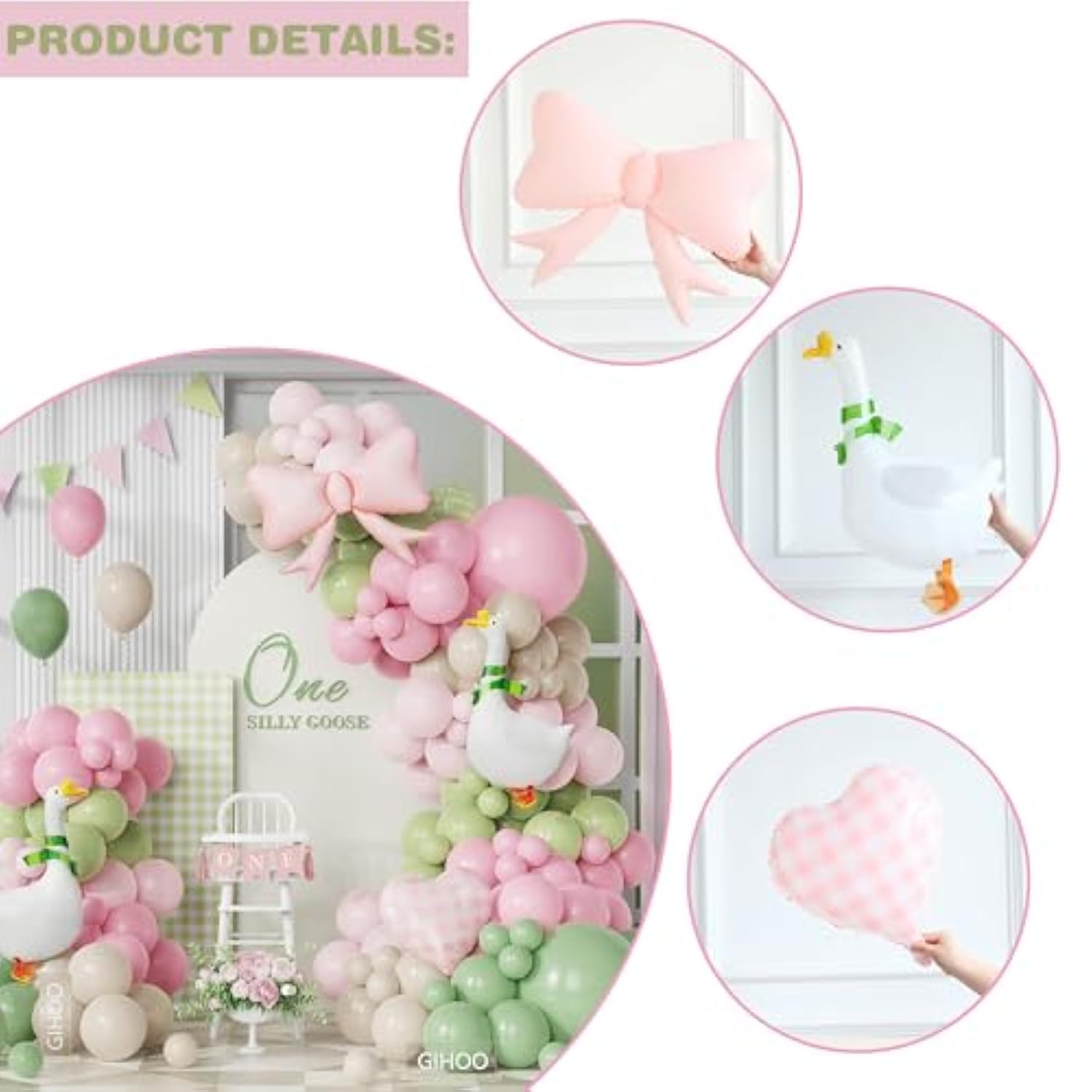 One Silly Goose Balloon Arch Kit With Walking Silly Goose And Gingham Foil Balloons For Farm Animal Goose Themed Birthday Baby Shower Decoration