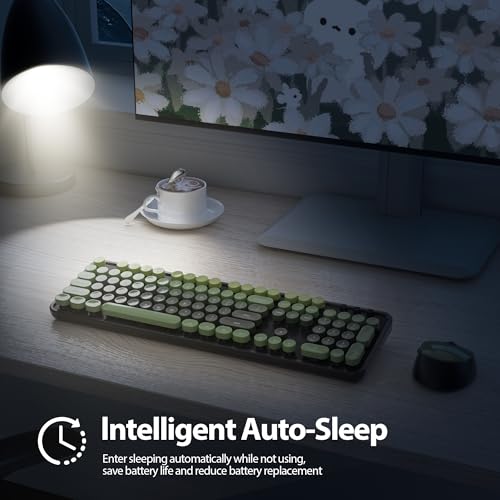 Keyboard And Mouse Wireless, Cute Retro Full-Size Cordless Keyboard With Number Pad 2.4 Ghz Wireless Usb Receiver For Computer (Dark Green)