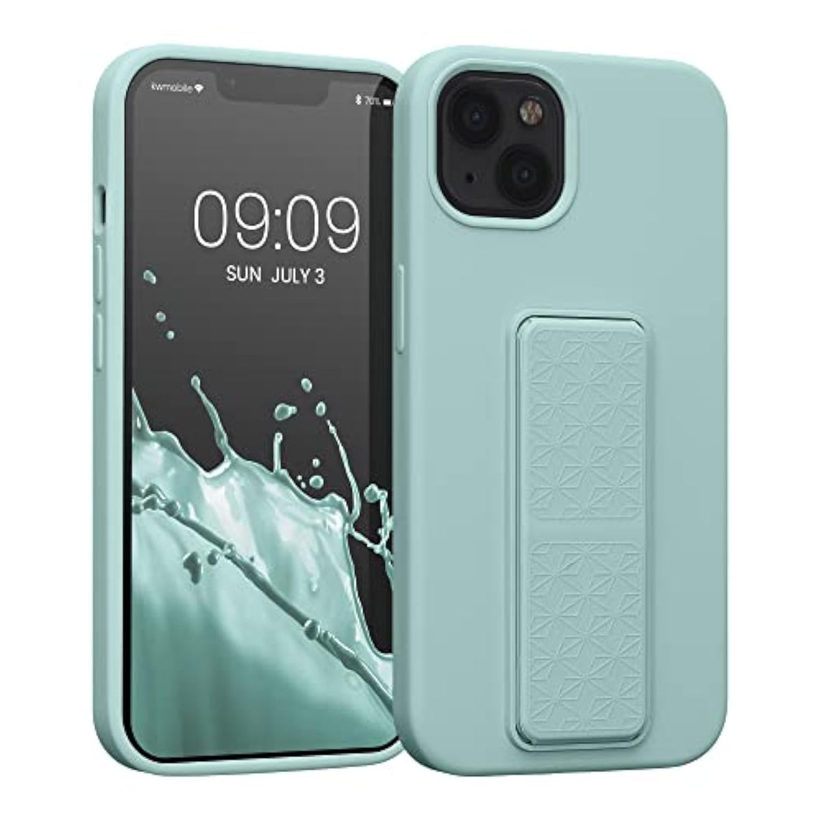 kwmobile Case Compatible with Apple iPhone 13 - Case with Hand Strap and Stand Soft TPU Silicone Coating - Mint