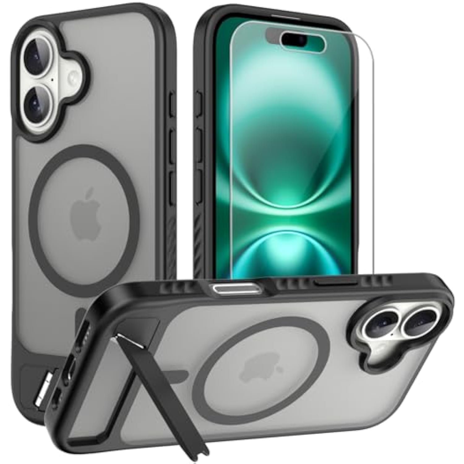 For Iphone 16 Case: [Fit For Magsafe] Strong Magnetic & Invisible Stand, Military-Grade Drop Protection With Screen Protector, Adjustable Kickstand Slim Frosted Translucent Matte Phone Case, Black