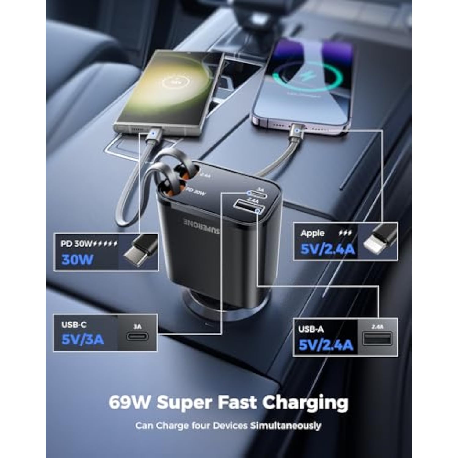 [2025 Upgraded] Retractable Car Charger, 69W Car Phone Charger With Cables Fast Charging, Gifts For Men Women Car Accessories For Iphone 16 15 14 13 12, Samsung, Black