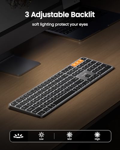 Backlit Bluetooth Keyboard For Mac, K100-A Wireless Quiet Keyboard For Mac, Low Profile, Full Size, Multi-Device, Rechargeable, No Usb, For Macbook Pro/Air, Iphone, Ipad, Space Gray