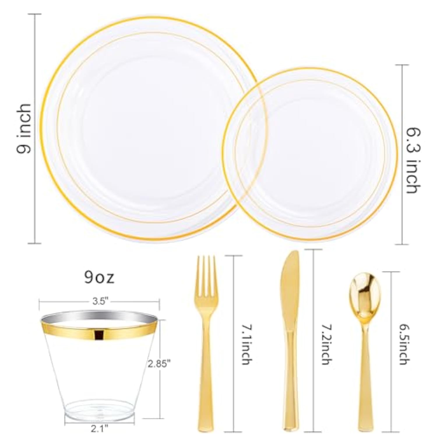 600Pc Gold Trim Plastic Dinnerware Set For Party: 100 Dinner Plates, 100 Dessert Plates, 300 Cutlery