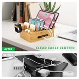 Bamboo Charging Station For Multiple Devices, Desk Wood Docking Station For Phones, Tablets, Watch, Earbuds, Charger Organizer Included 6 Cables & 5-Port Usb Charger