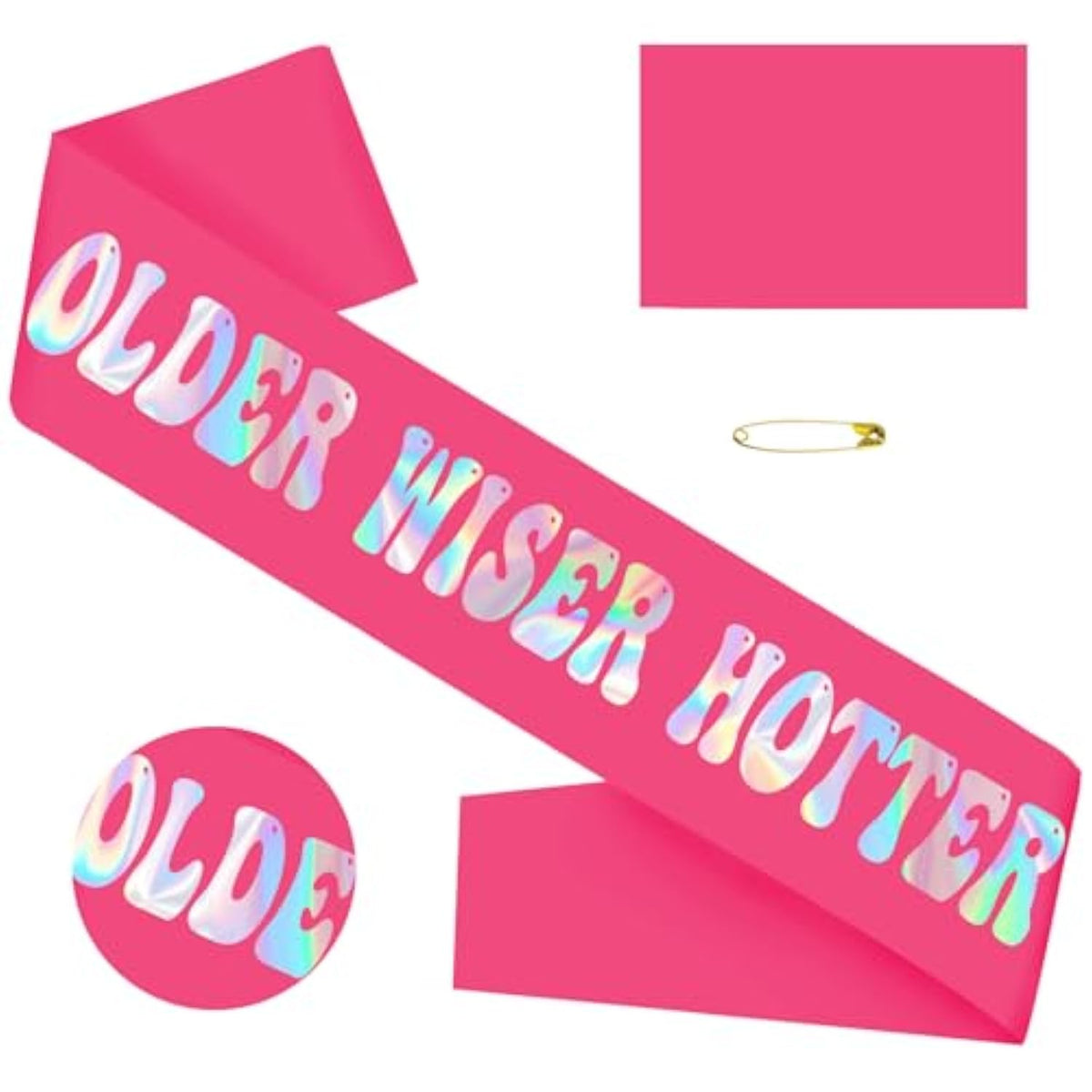 Older Wiser Hotter Sash With Iridescent Foil, Hot Pink Funny Birthday Sash For Women 30Th 40Th 50Th 60Th 70Th 80Th Birthday Party Decorations Birthday Sign Birthday Gift(Hot Pink + Iridescent )