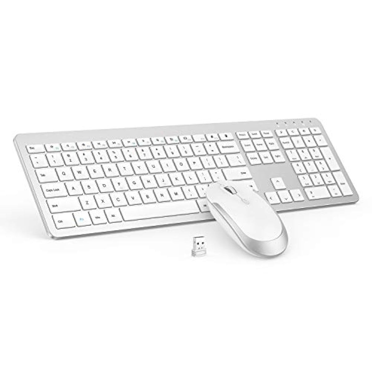 Wireless Keyboard and Mouse Combo - Full Size Slim Thin Wireless Keyboard Mouse with Numeric Keypad 2.4G Stable Connection Adjustable DPI (White & Silver)