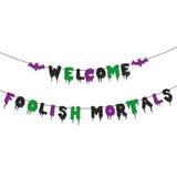 Welcome Foolish Mortals Pre-Strung Halloween Banner Glitter Haunted Mansion Bat Wall Decor