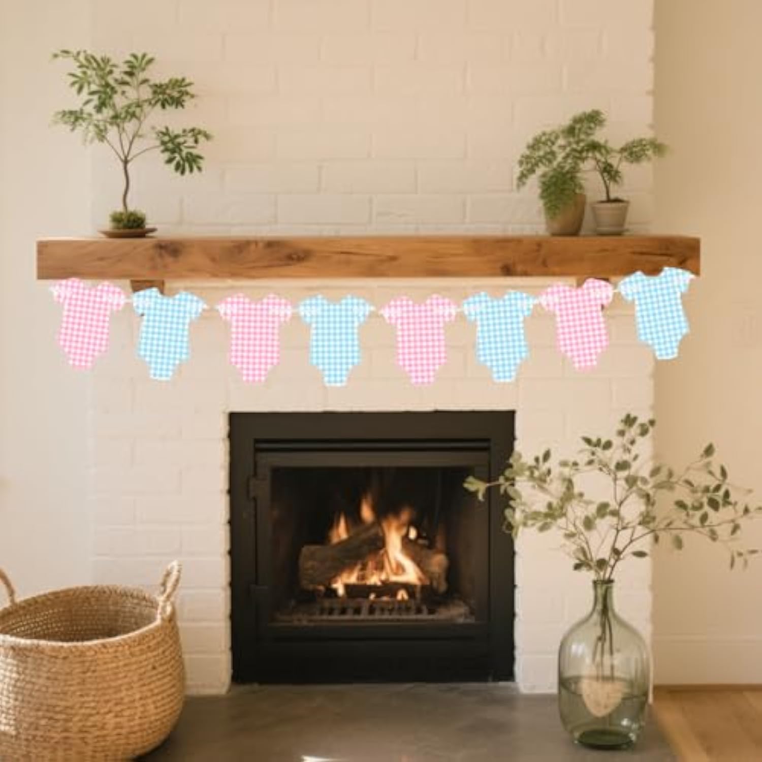 Pre-Strung Blue & Pink Gingham Bodysuit Baby Shower Banner - 8 Double-Sided Onesie Cards- Cute Baby Onesie Decorations For Gender Reveal Party, Baby Shower Decor, Baby Reveal Banner – Gender Reveal Ideas & Decor