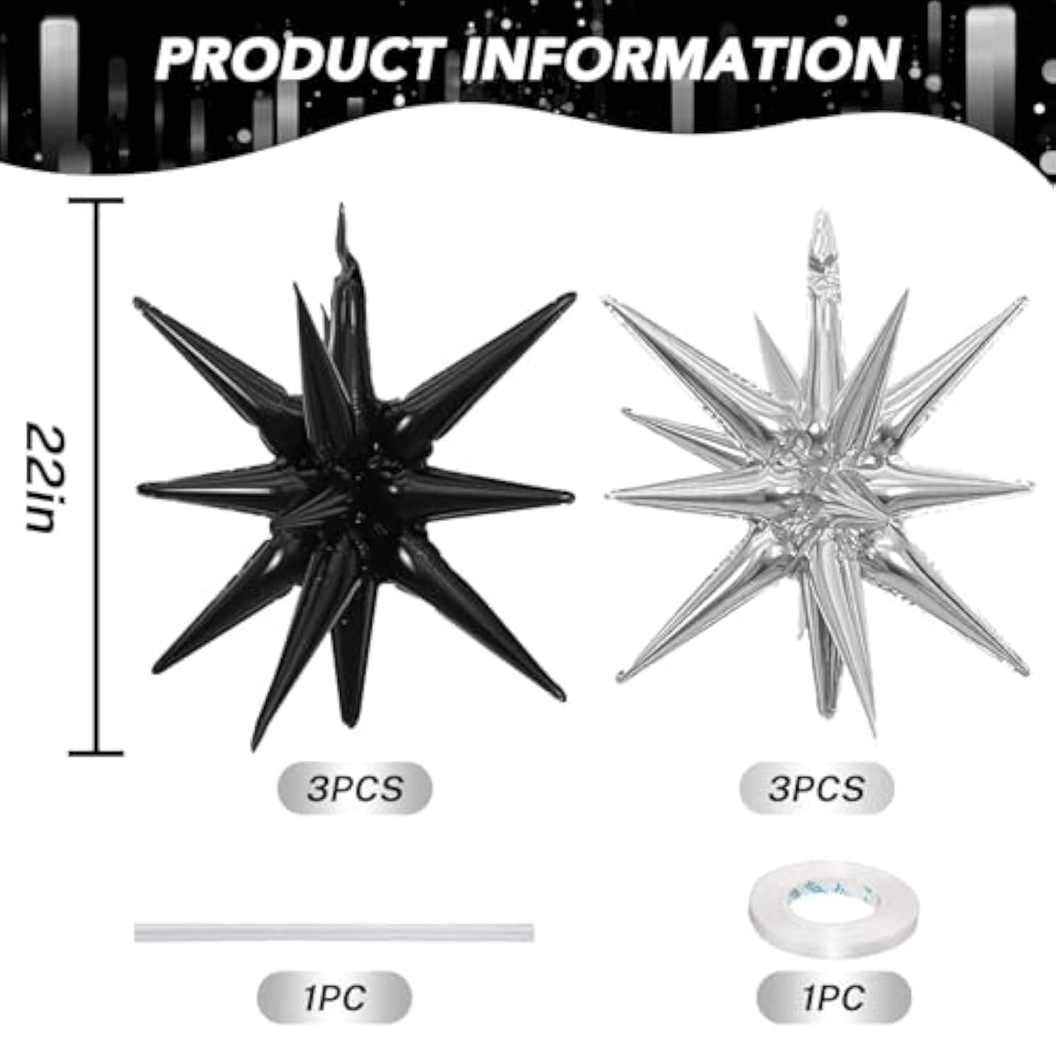 6pc Black & Silver Explosion Star Balloons 22" 12-Point Cone Spike Foils