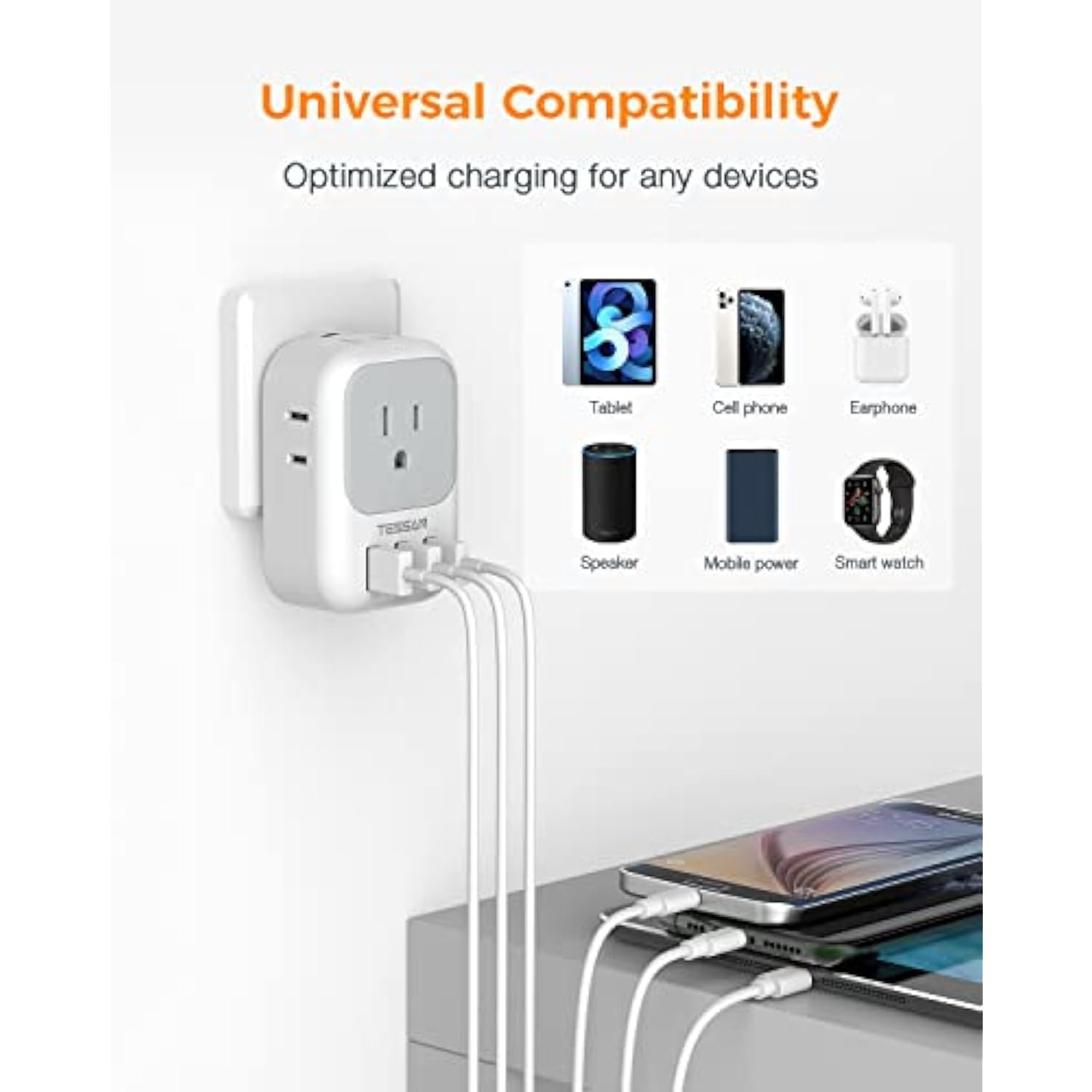 USB Charger Block, 4-Box Splitter with 3-Port Wall Charger for Travel & Office