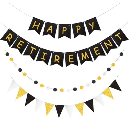 Happy Retirement Banner, Black and Gold Retirement Party Pennant Banner Docorations for Office Farewell Party Men Women