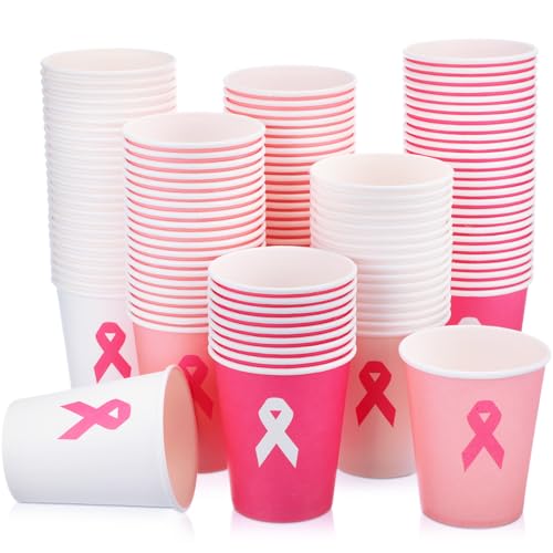 150 Pcs 8.5 oz Breast Cancer Awareness Paper Cups Pink Ribbon Supplies Bulk