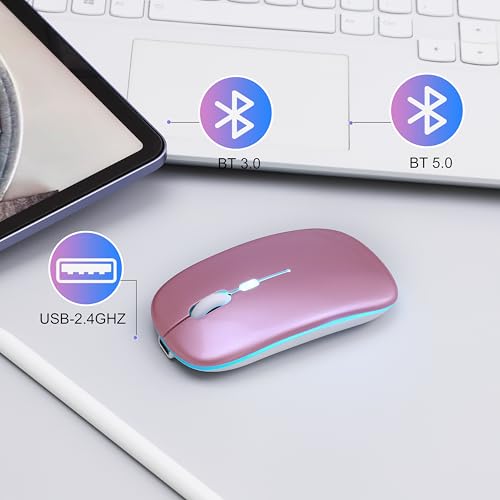 Wireless Bluetooth Mouse Rechargeable Long Lasting Dual Mode - Bt 5.2 & 2.4G Silent Rgb Led Mice, Slim Portable Ergonomic Mouse For Laptop/Pc/Tablet/Macbook/Ipad/Apple Devices(Rose Gold)
