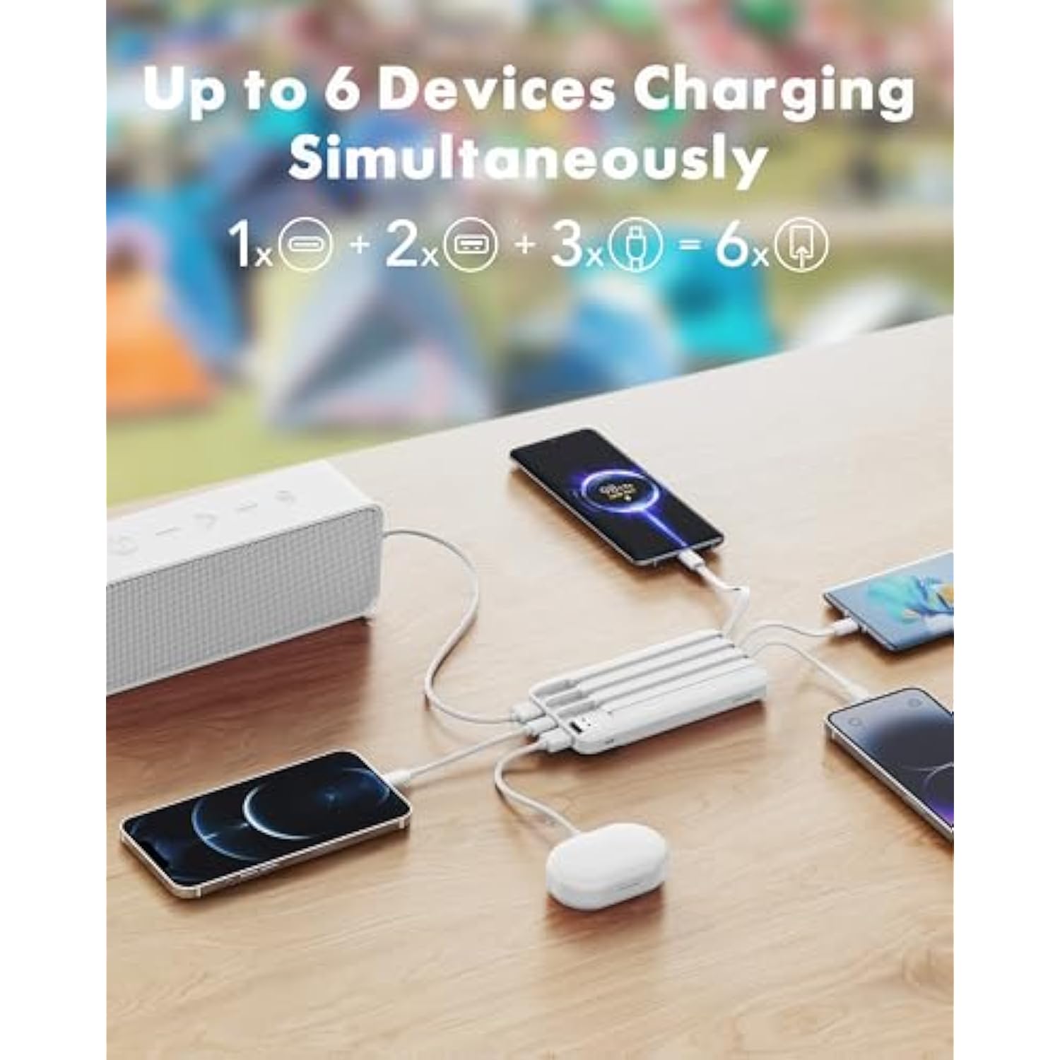 Portable Charger with Built-In Cables, 10000mAh Slim Power Bank, 6 Outputs, 3 Inputs