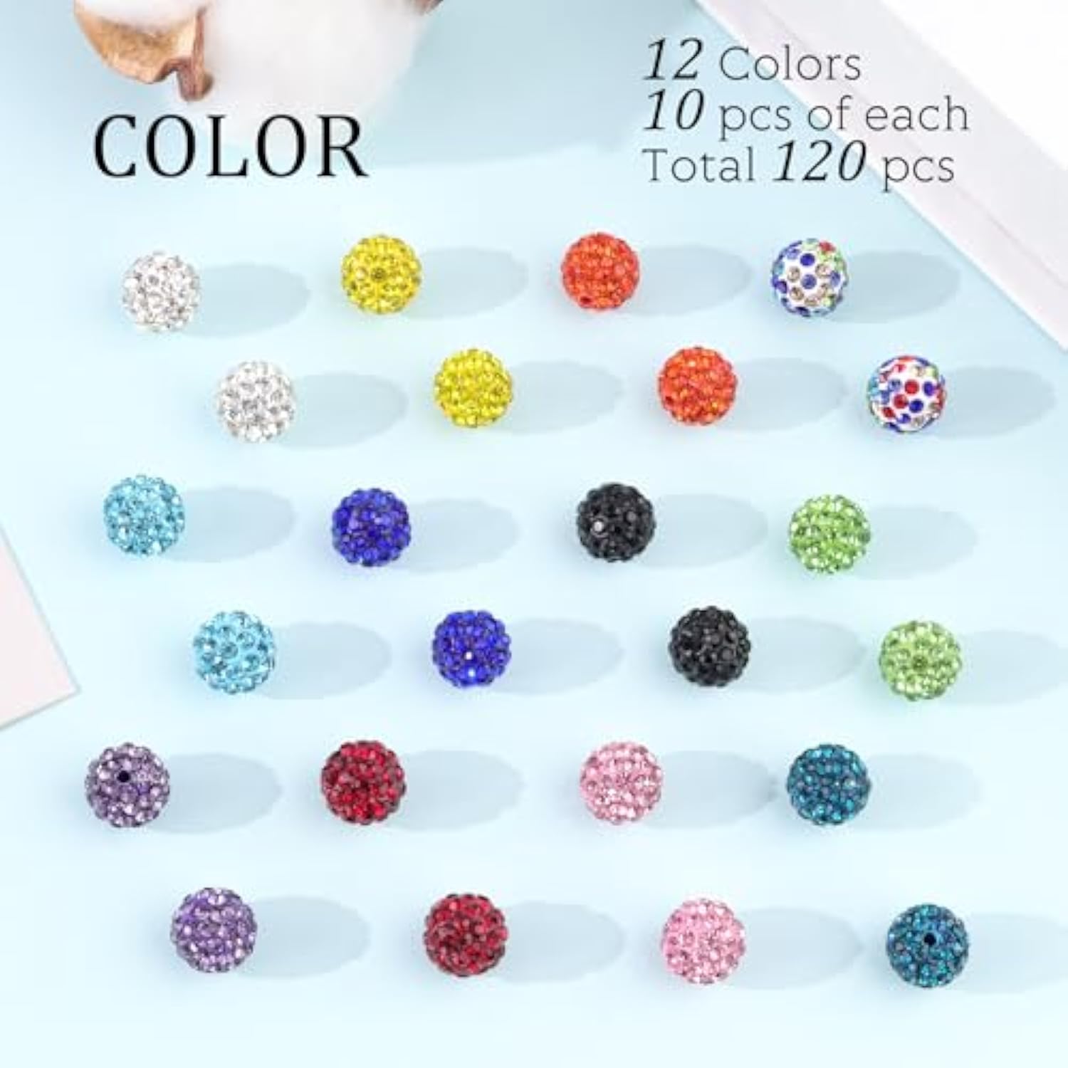 120PCS 10mm Rhinestone Shamballa Beads in 12 Colors for DIY Jewelry Making