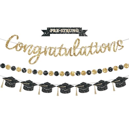 Pre-Strung Congratulations Banner, 2026 Graduation Banners, Class of 2026 Black Gold Glitter Congrats Grad Party Decor College High School Graduation Party (NO-DIY)