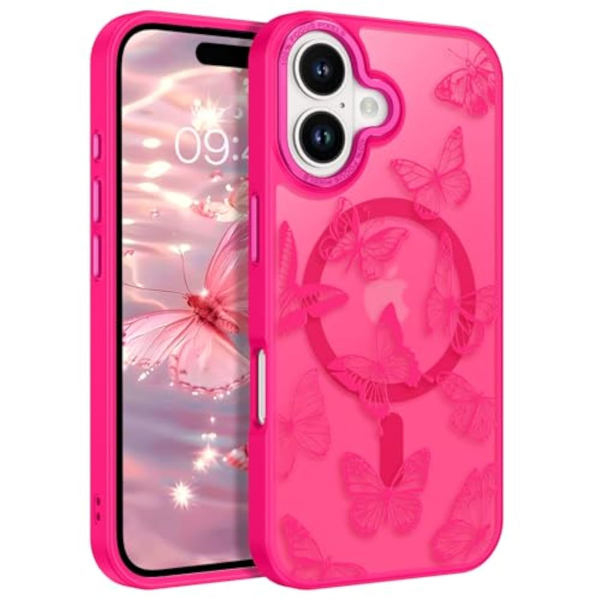 For Iphone 16 Plus Case,Cute Butterfly Pattern Iphone 16 Plus Magnetic Case [Compatible With Magsafe] Translucent Matte Slim Women Girl Protective Cover For Iphone 16 Plus 6.7",Hot Pink