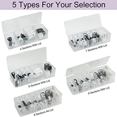 Electronics Organizer 6 Sections Clear Acrylic Cable Storage Bin Box Cord Holder With 20 Pcs Reusable Fastening Fabric Cable Ties Straps Cord Wraps (6 Sections/With Cover)