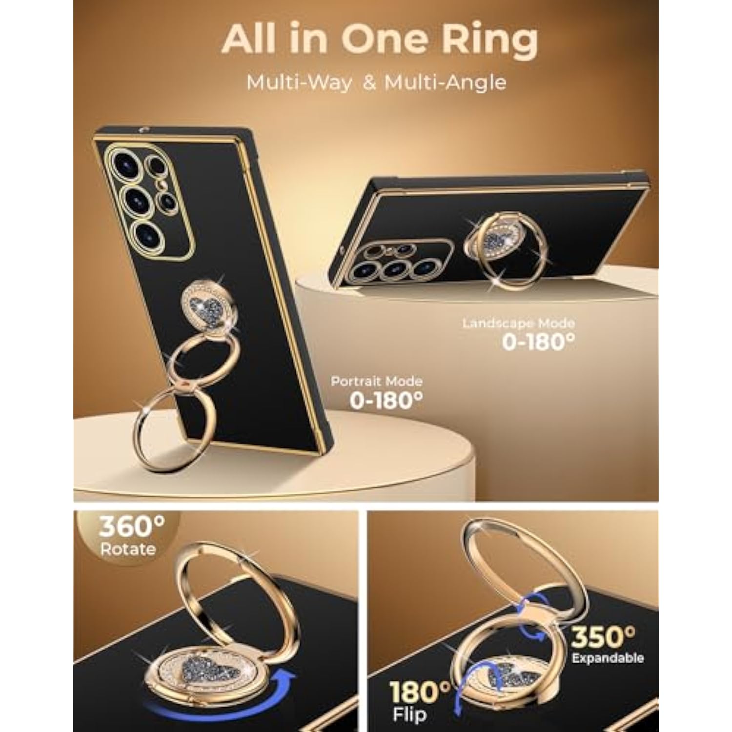 Black Galaxy S25 Ultra case with bling heart design, double ring stand & protection.