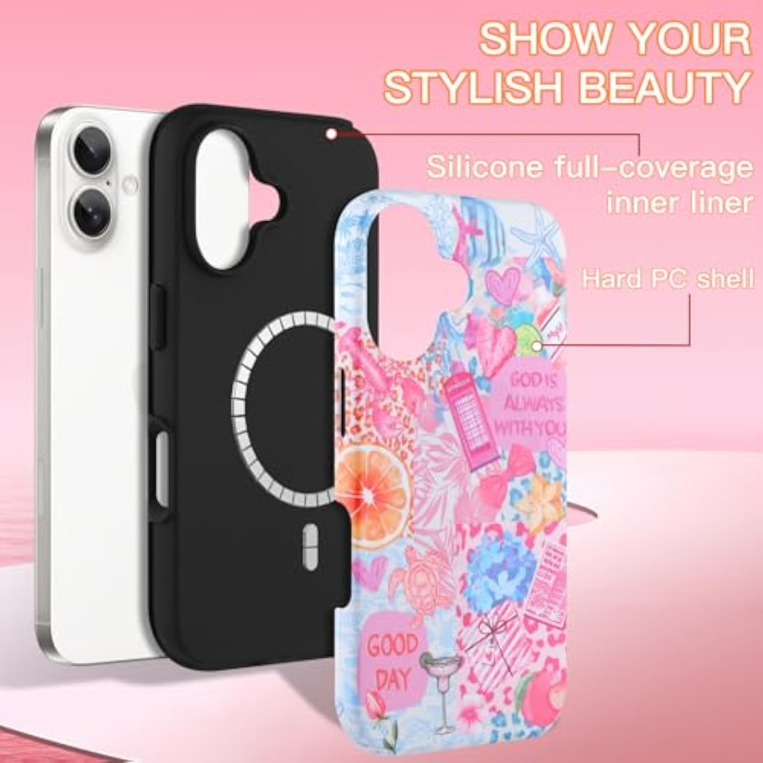 Case Compatible With Iphone 16 Compatible With Magsafe Summer Collage Coastal Scratch Resistant Hybrid 2-Layer Hard Protective Phone Cover For Girl Women Boy Men 6.1 Inch Pink