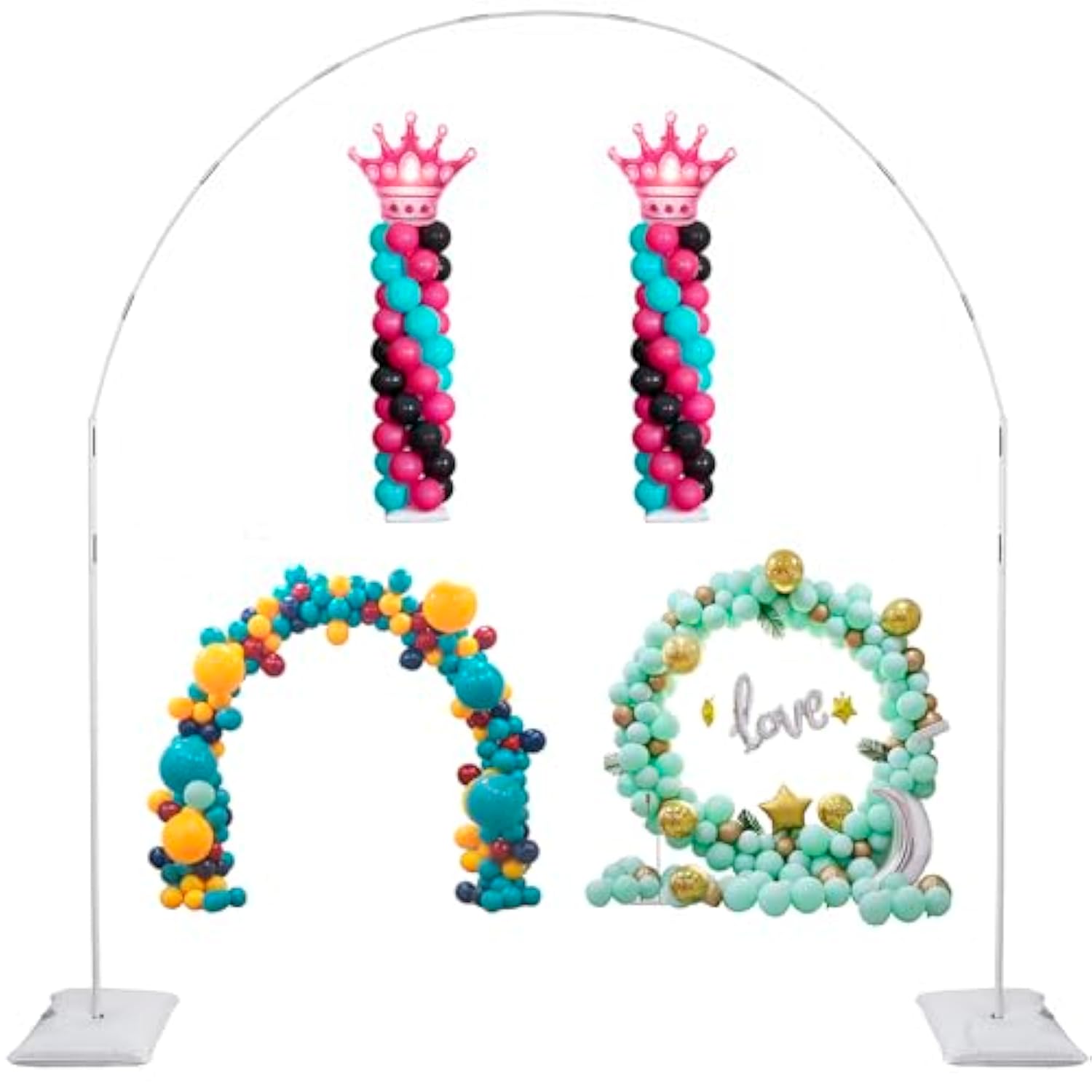 Balloon Arch Stand, 7.5Ft Large Round Backdrop Frame, Adjustable Half Circle Arch, 2 Set Reusable Metal Ballon Column Kit With Base 3In1 For Birthday, Wedding, Graduation, Baby Shower Party