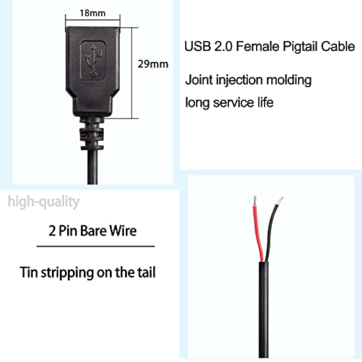Usb 2.0 Female Pigtail Cable Extension Power Cable 22Awg 5V 3A Usb A Socket To