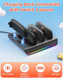 Charger Dock For Nintend0 Switch 2 Joycon, 4-In-1 Switch 2 Joycon Charging Dock With 8 Rgb Lighting Modes, Led Indicators, 5V/2A Fast Magnetic Charging, Circuit Protection, And Usb-C Cable (Black)