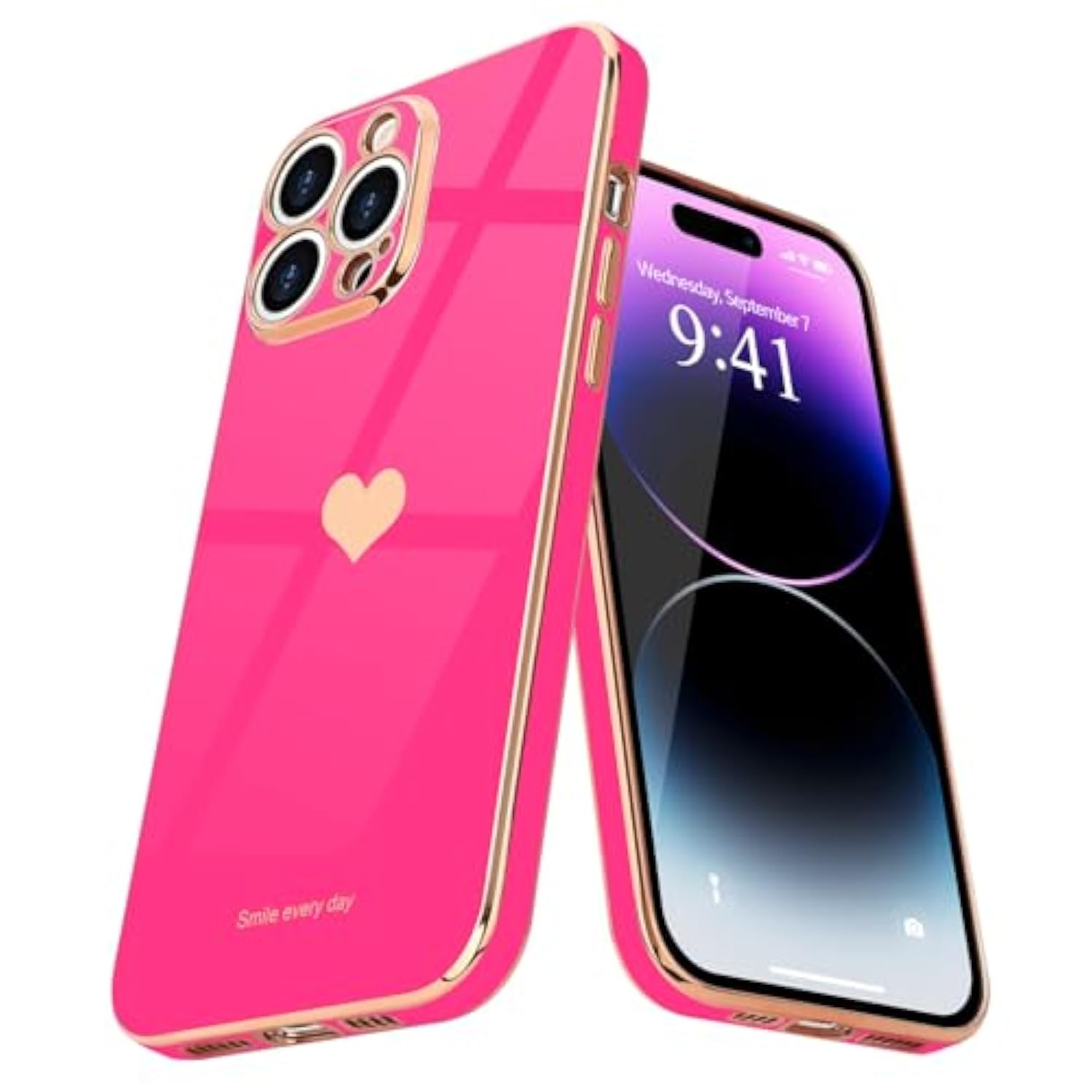 Compatible With Iphone 14 Pro Case For Girl Women Cute Love-Heart Luxury Bling Soft Back Cover Raised Camera Protection Bumper Silicone Shockproof Phone Case For Iphone 14 Pro, Hot Pink