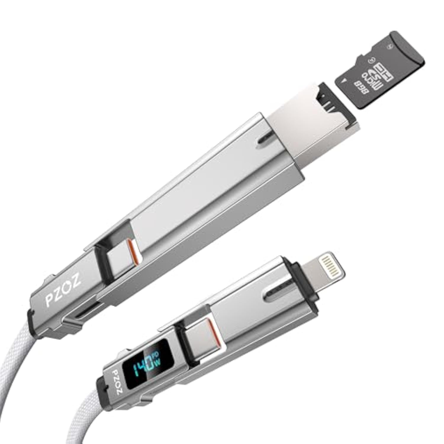 5-In-1 Otg Cable With Usb C Fast Charging Led Display And Micro Sd Card Reader, Multi Usbc Charger Combo Lightning/Type C/Usb A Tf Card Otg For Iphone Ipad Macbook Airpods Pro Samsung-140W 5 Ft