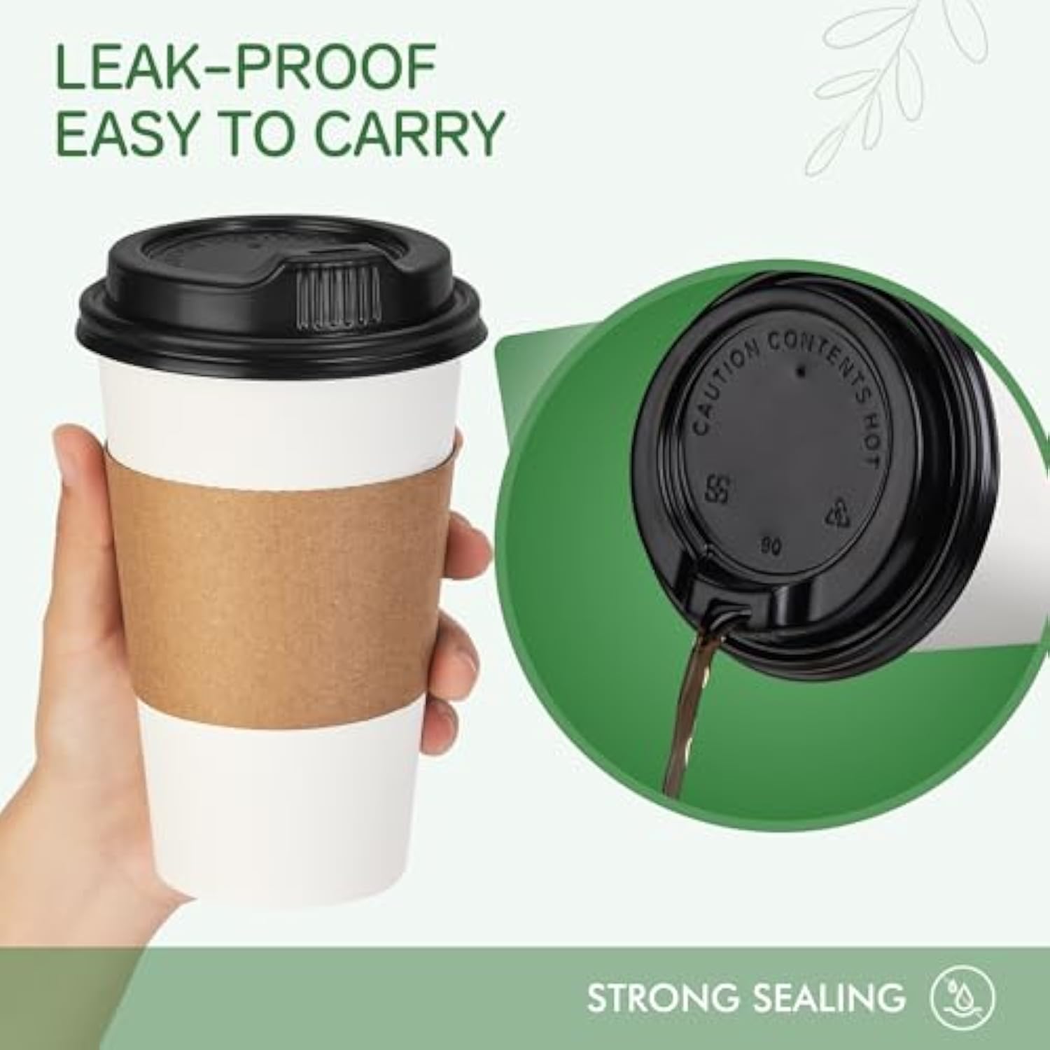 16oz Disposable Coffee Cups with Lids Sleeves 100 Pack Leak-Proof White Cups