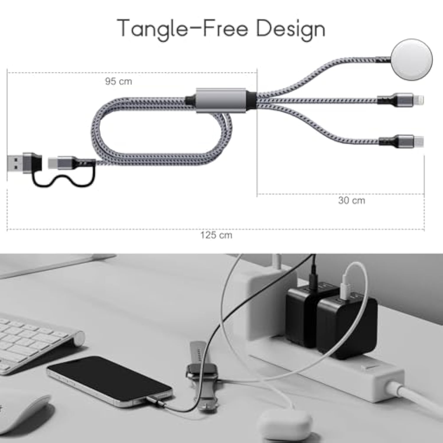 3-In-1 Usb C Travel Charging Cable For Apple Watch, Iphone, Lightning Devices, Multi Device Charger Cord For Office, Camping