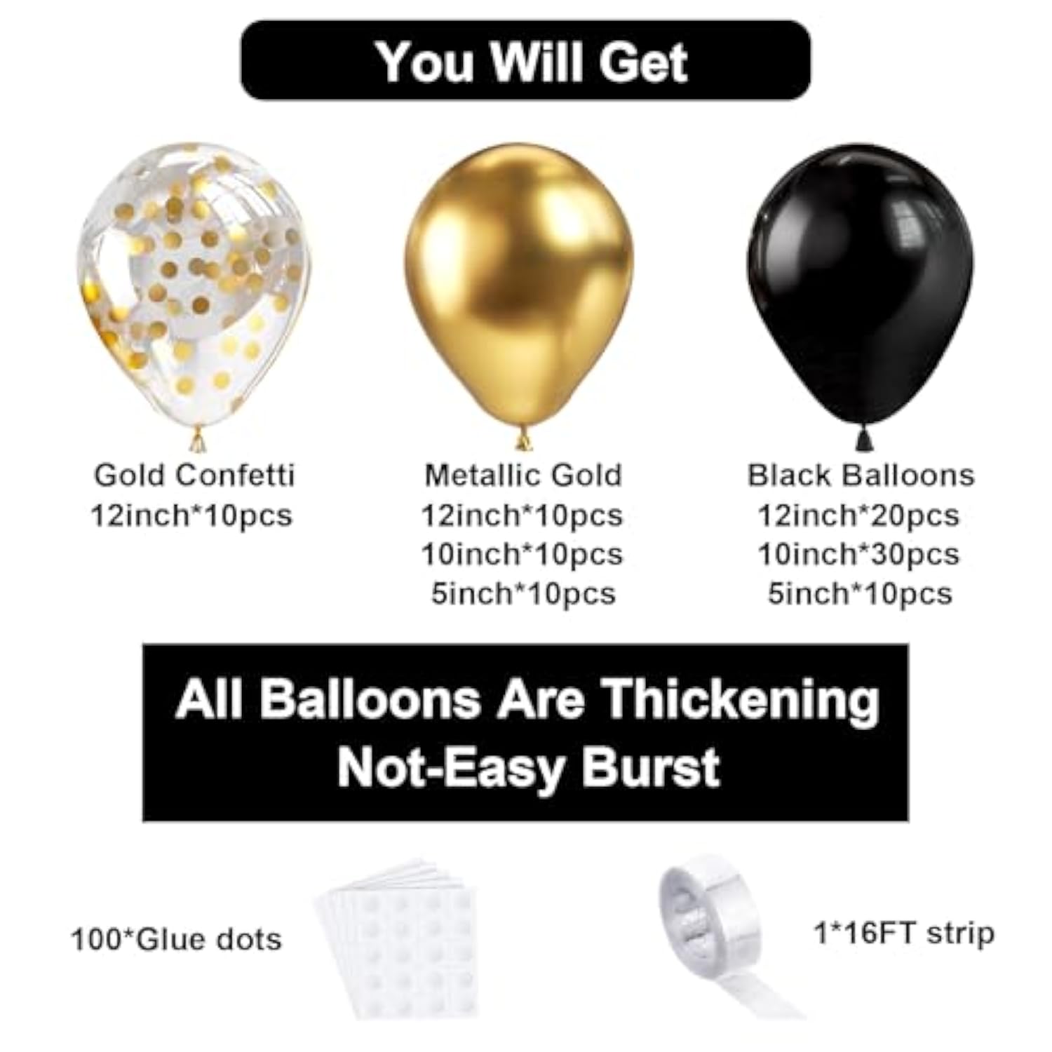 100pcs Black & Gold Balloon Garland Kit – Chrome, Confetti Balloons with Tape for Party Decor