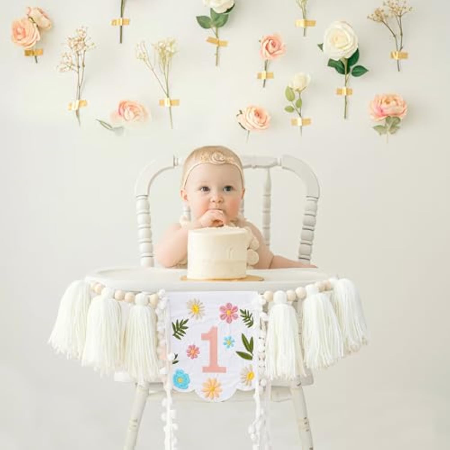 One Banner Embroidery First Birthday High Chair Butterfly Fairy Girl Highchair Banner Happy 1St Party One Year Old Wildflower