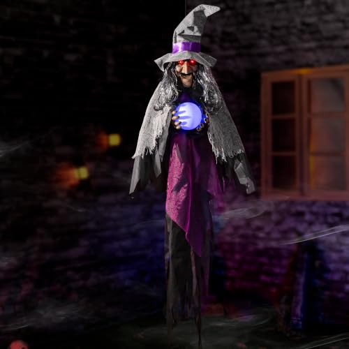 Halloween Animatronics Decorations Hanging Talking Witch, 67'' Animated Witches with Sound & Motion Activated, Creepy Sound, Glowing Crystal Ball & Lighted Eyes for Indoor Outdoor Haunted House Props