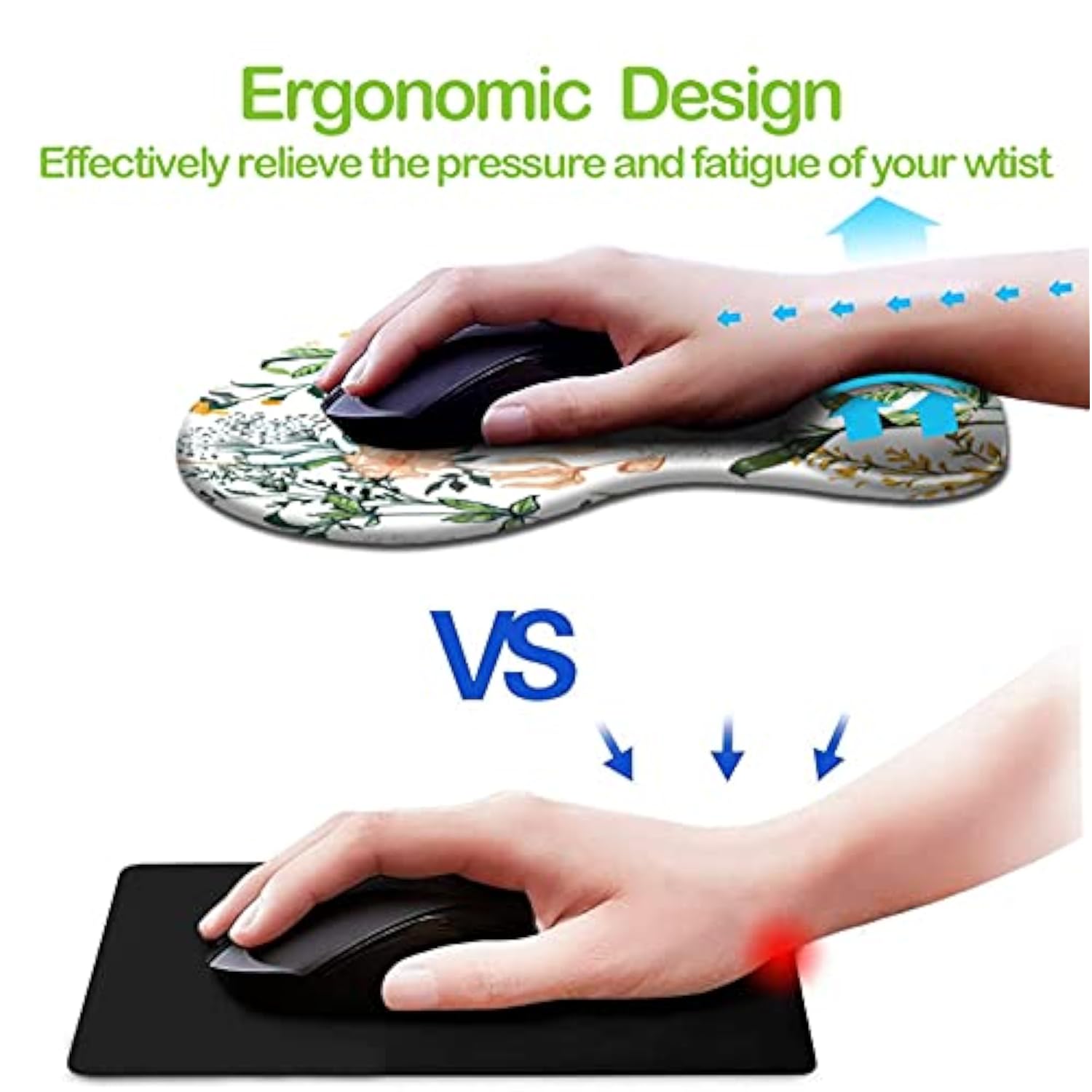 Ergonomic Mouse Pad With Wrist Support, Cute Mouse Pads With Nonslip Pu Base For Home Office Working Studying Easy Typing & Pain Relief Beautiful Floral