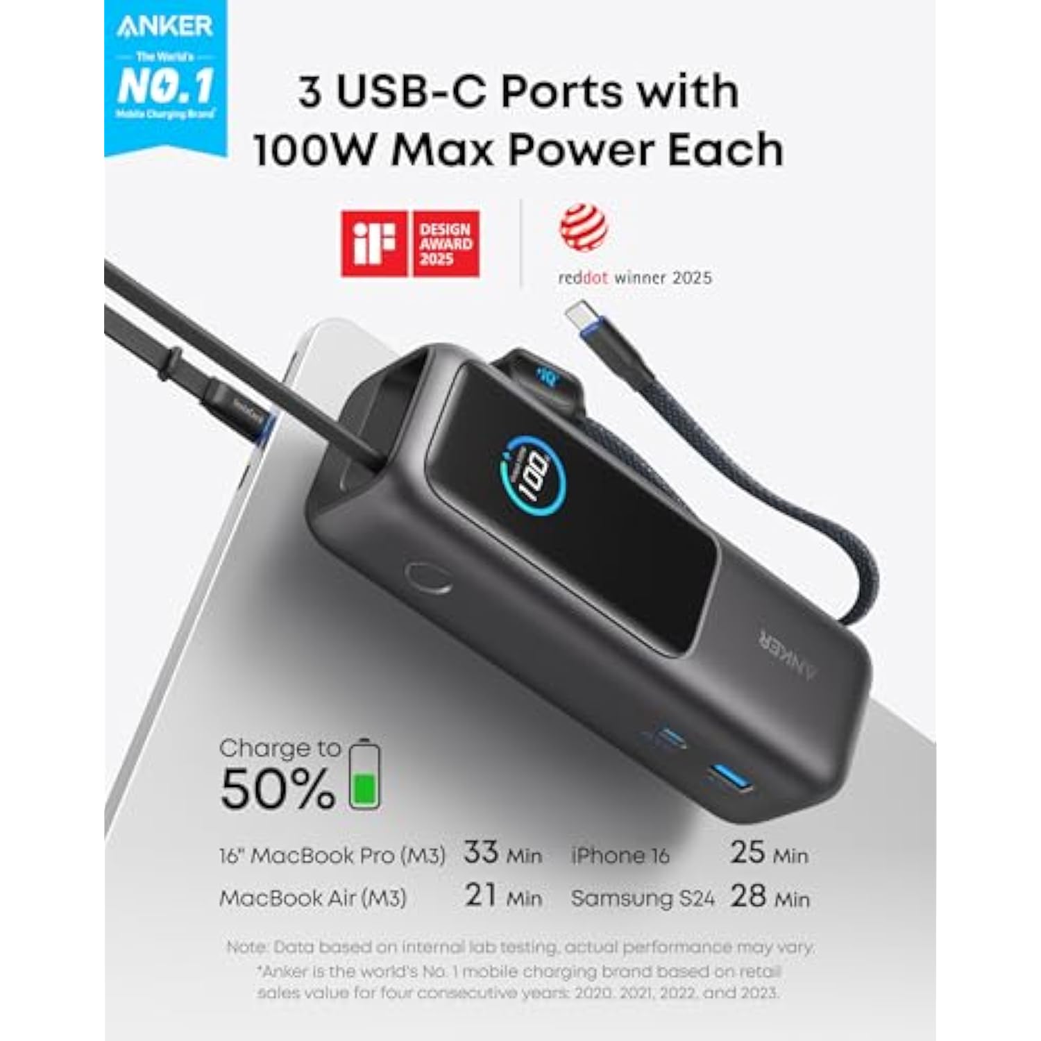 Anker Laptop Power Bank, 25,000mAh Portable Charger with Triple 100W USB-C Ports, Built-in and Retractable Cables, for iPhone 16/15 Series, MacBook, Samsung, and More (Flight-Approved)