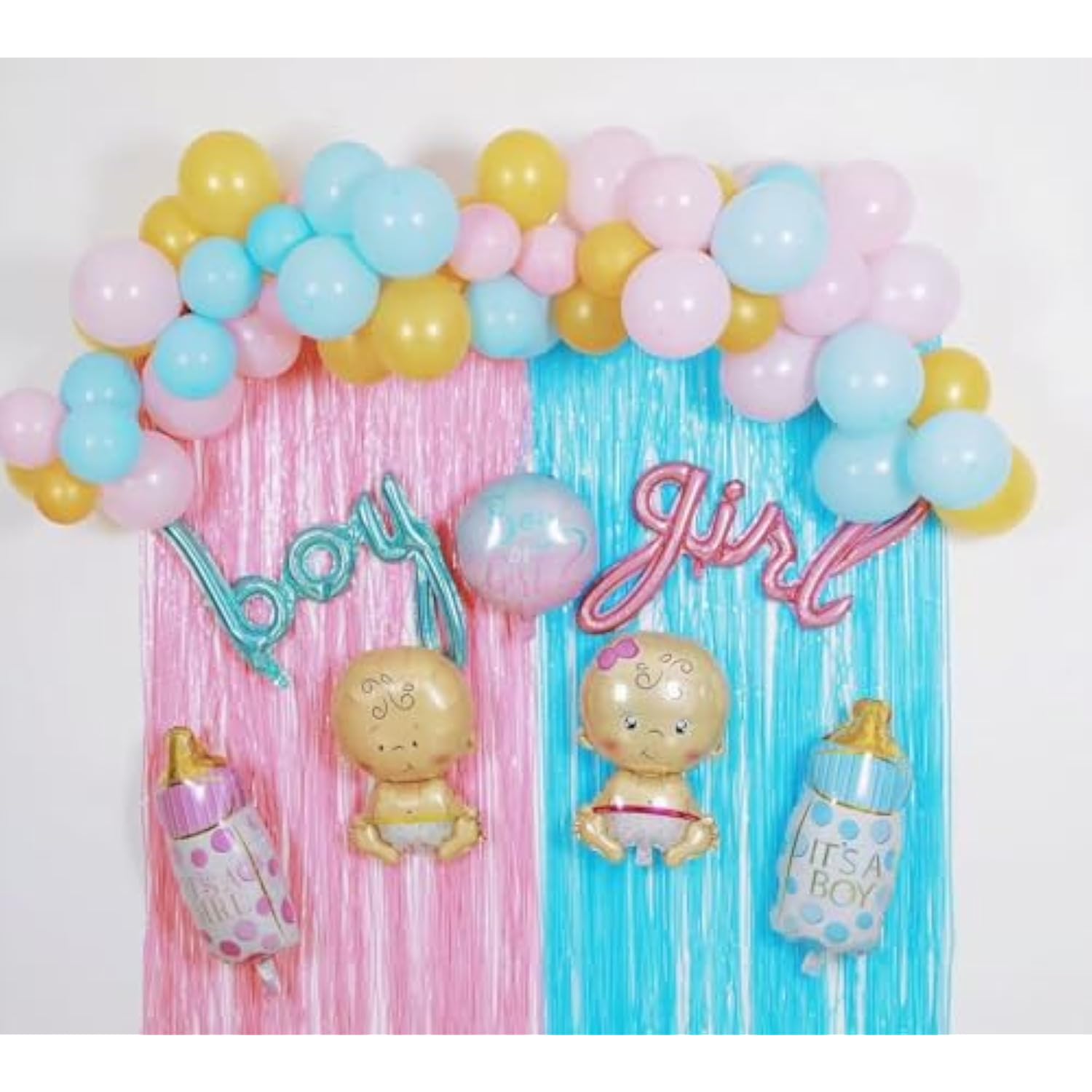 Baby Gender Reveal Balloons Party Decorations Supplies, Baby Shower Balloons Party Decorations, Pink, Blue, Yellow Latex Balloons, Shaped Balloons, Cupcake Toppers, Foil Curtains. Boy Or Girl Party