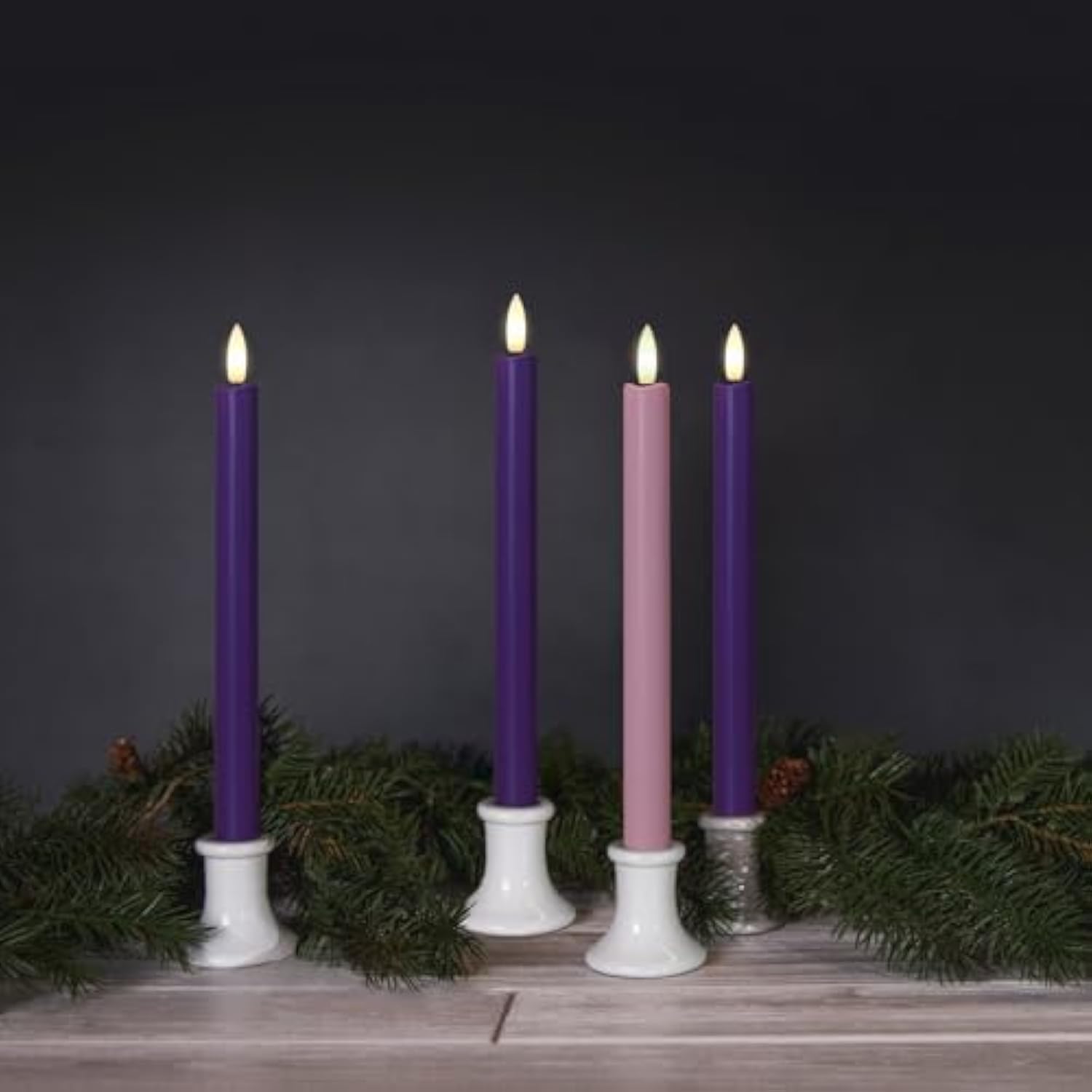 Flameless Advent Candles, Set Of 4 - Flickering Led Flame, 10 Inch Taper Candlesticks, Remote Controlled, Purple And Pink Color For Christmas Wreath