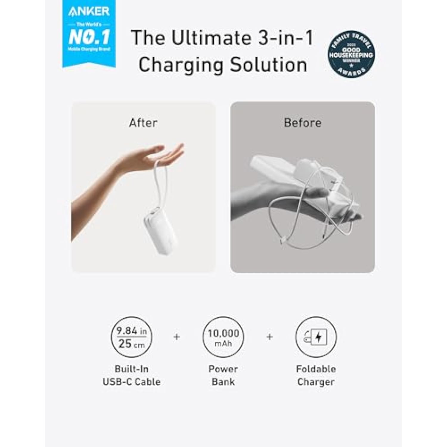 3-in-1 10,000mAh Portable Charger with USB-C Cable & 30W Foldable Plug