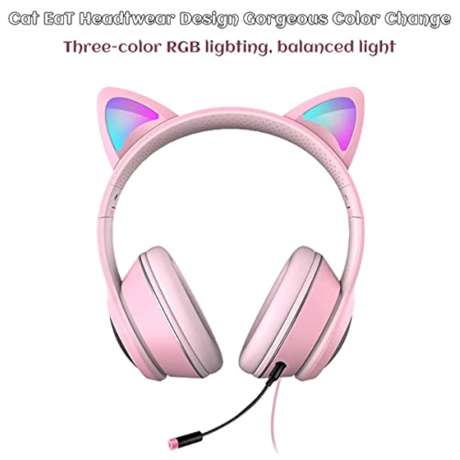Cat Ear Gaming Headphones Wired Aux 3.5Mm With Led Light, Flashing Stereo Game Headphones Surround Sound Over-Ear Headsets With Microphone Fit Kids & Adult For Pc, Ps4, Switch, Mobile, Laptop