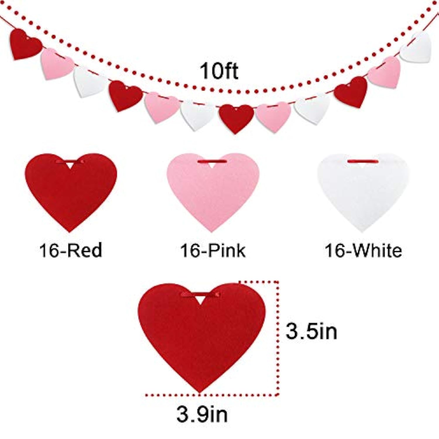 Felt Heart Garland Banner, Pre-Strung | Valentines Decorations | Red Pink White Valentines Banner | Anniversary Wedding Birthday Party Decorations | Outdoor Home Hanging Valentine'S Day Decor