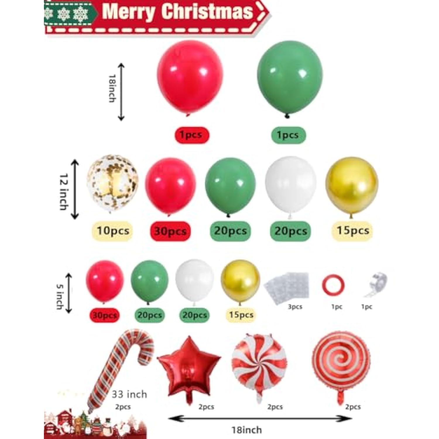 Christmas Balloons Garland Arch Kit, 133Pcs Red Green White Xmas Balloons Different Sizes 18 12 5 Inch With Candy,Cane,Star Foil Balloons For Christmas Party Decorations Indoor