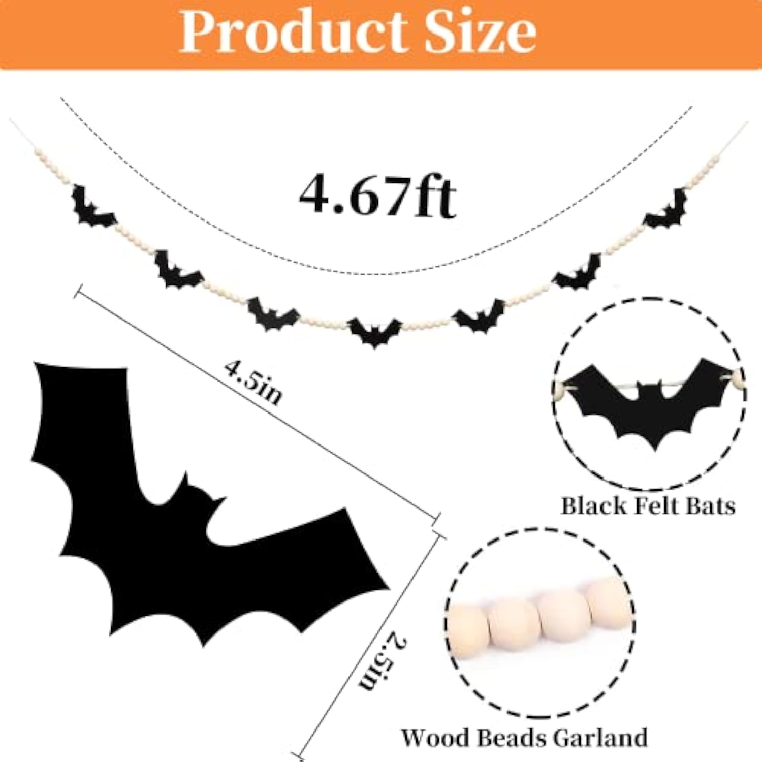 Halloween Wood Felt Bat Bead Garland Banner for Indoor Outdoor Fireplace Wall Decor