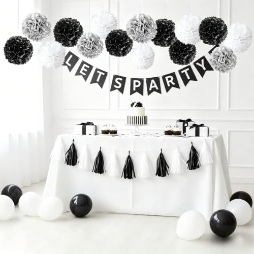 Black,White and Silver Hanging Tissue Paper Pom Poms,Black White Party Decorations(12 PCS)