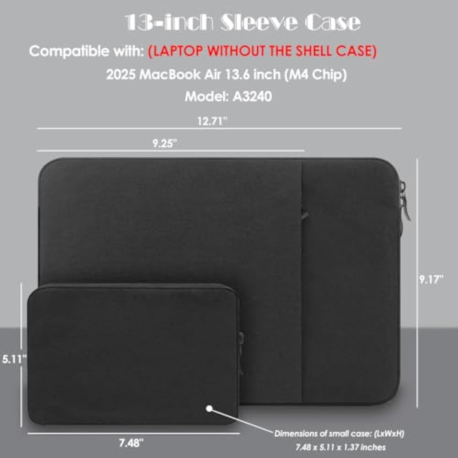 13-Inch Laptop Sleeve Case For 2025 Macbook Air 13.6 Inch M4 A3240 Accessory Traveling Carrying Case Water-Resistant Bag Cover With Small Bag For Macbook Air 13'' M4 (Black)